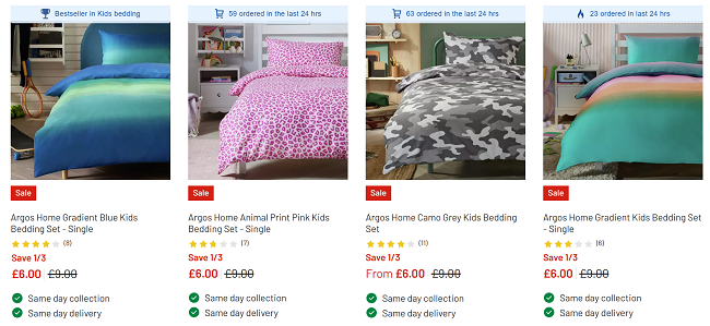 Screenshot showing Kids Bedding Sale from £6 at Argos
