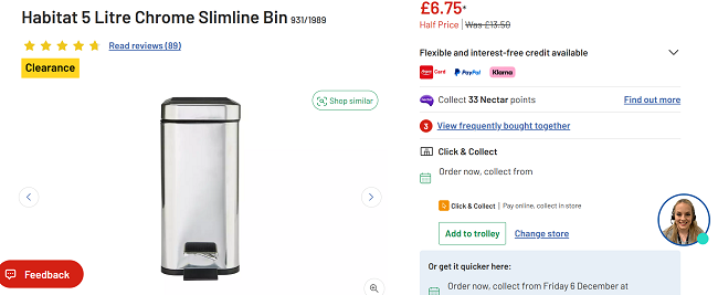 Screenshot showing Habitat 5 Litre Chrome Slimline Bin for £6.75 at Argos
