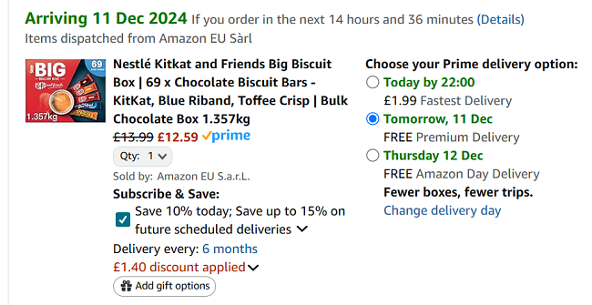 Screenshot showing Nestlé The Big Biscuit Box 69 Chocolate Biscuit Bars for £12.59 at Amazon