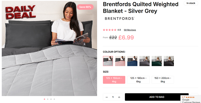 Screenshot showing Brentfords Quilted Weighted Blanket Silver Grey for £6.99 at Online Home Shop