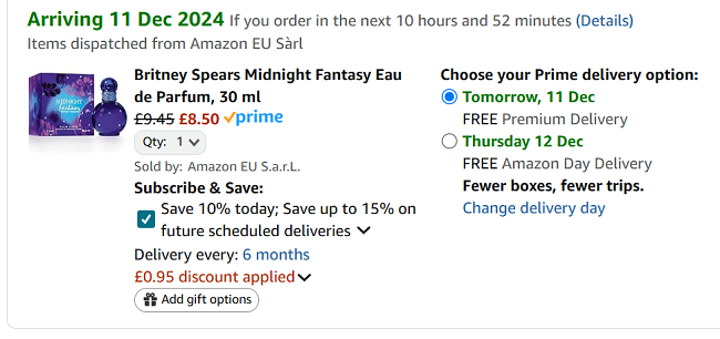Screenshot showing Britney Spears Midnight Fantasy Eau de Parfum 30ml for £8.50 at Amazon