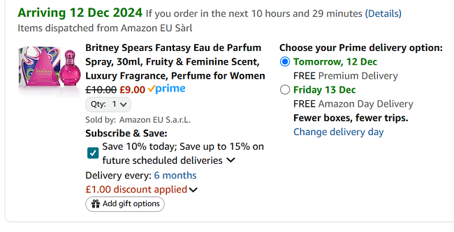 Screenshot showing Britney Spears Fantasy Eau de Parfum 30ml for £9 at Amazon