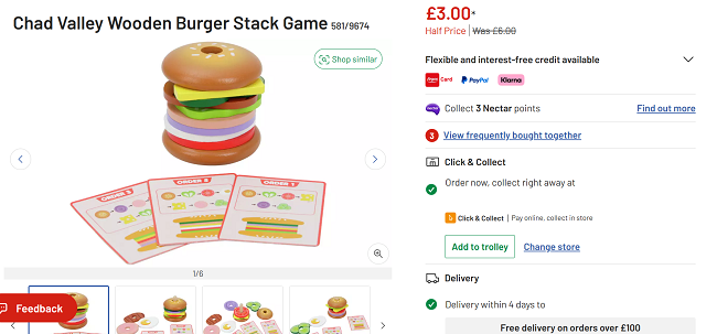 Screenshot showing Chad Valley Wooden Burger Stack Game for £3 at Argos