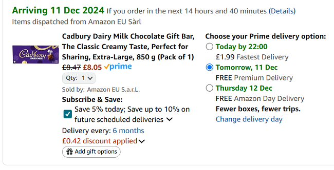 Screenshot showing Cadbury Dairy Milk Chocolate Gift Bar 850g for £8.05 at Amazon