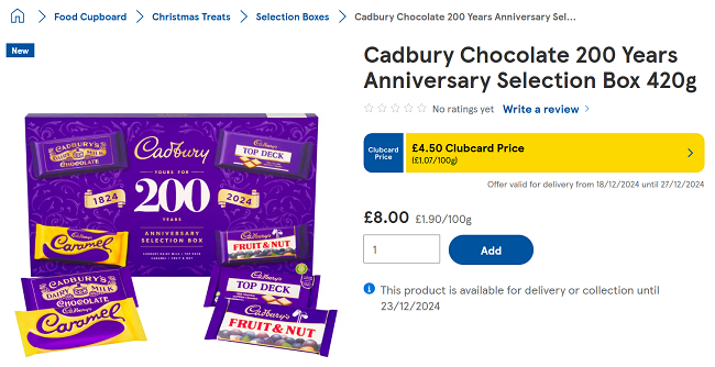 Screenshot showing Cadbury Chocolate 200 Years Anniversary Selection Box 420g for £4.50 at Tesco