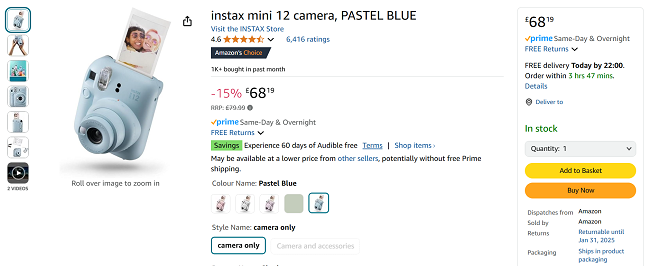 Screenshot showing Instax Mini 12 Camera for £68.19 at Amazon