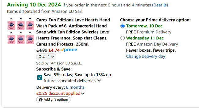 Screenshot showing Carex Fun Editions Love Hearts Hand Wash Pack of 6 for £4.74 at Amazon