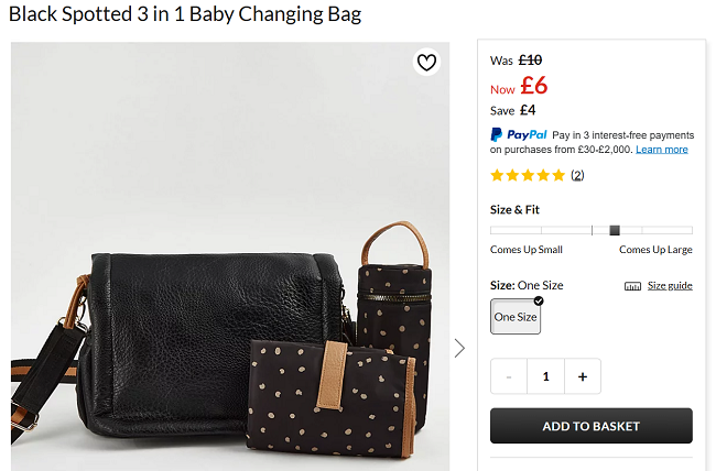 Screenshot showing Black Spotted 3 in 1 Baby Changing Bag for £6 at Asda George
