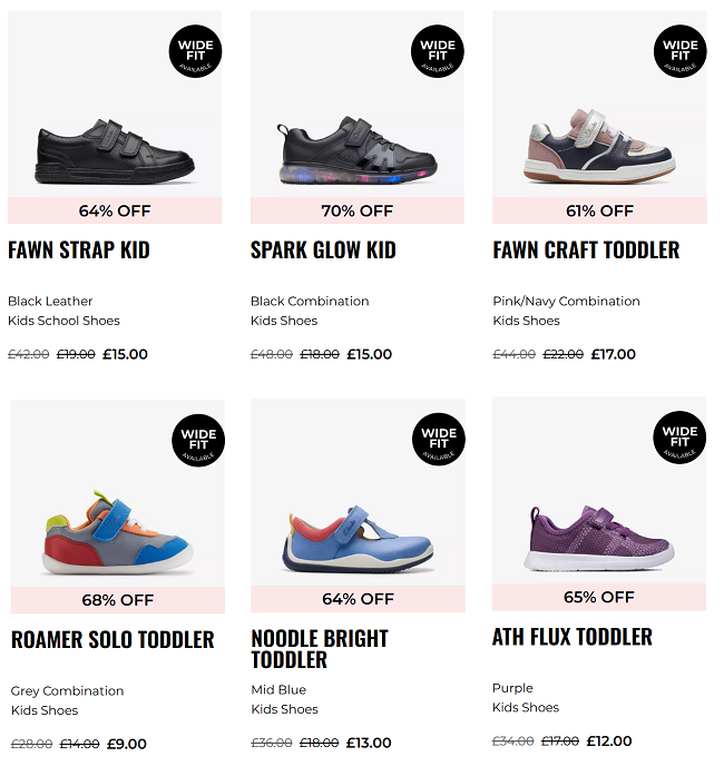 Screenshot showing reduced children's shoes from Clarks Outlet