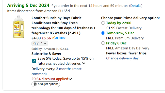 Screenshot showing Comfort Fabric Conditioner Sunshiny Days 83 Wash for £3.36 at Amazon
