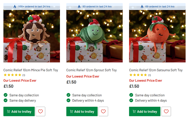 Screenshot showing Comic Relief Christmas Soft Toys for £1.50 each at Argos