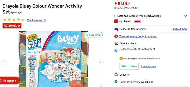 Screenshot showing Crayola Bluey Colour Wonder Activity Set for £10 at Argos
