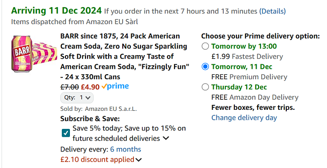 Screenshot showing BARR American Cream Soda 24 x 330ml Cans for £4.90 at Amazon