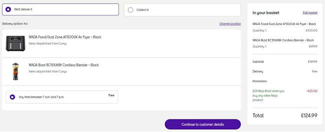 Screenshot showing Ninja Foodi Dual Zone AF300UK Air Fryer + Ninja Blast Portable Cordless Blender 530ml for £124.99 at Currys