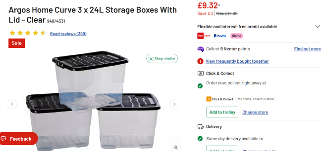 Screenshot showing Argos Home Curve 3 x 24L Storage Boxes With Lid for £9.32 at Argos