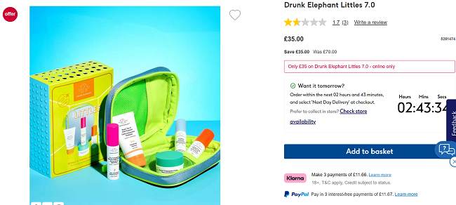 Screenshot showing Drunk Elephant Littles 7.0 Gift Set for £35 at Boots