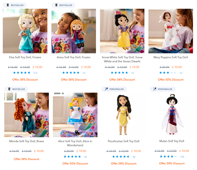 Screenshot showing Disney Princess Soft Toy Dolls for £10 each at Disney Store