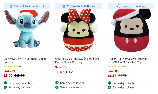 Screenshot showing Disney Stitch With Santa Hat 25cm Soft Toy for £9 at Argos