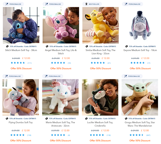 Screenshot showing reduced Medium Soft Toys at Disney Store