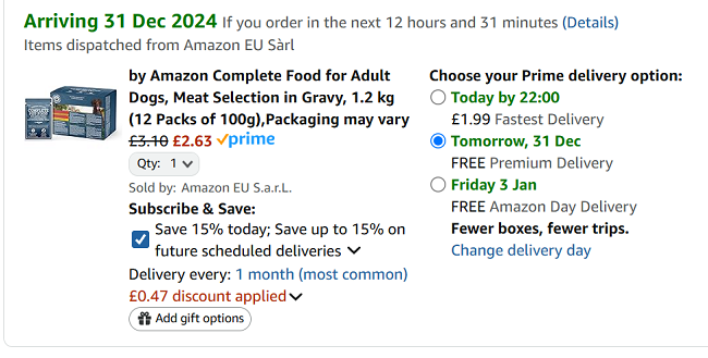 Screenshot showing by Amazon Complete Food for Adult Dogs 12 Packs of 100g for £2.63 at Amazon
