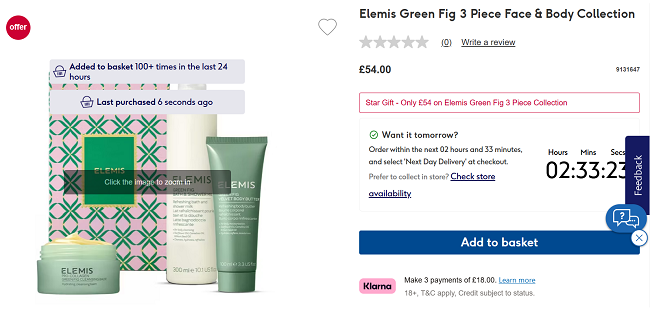 Screenshot showing Elemis Green Fig 3 Piece Face & Body Collection for £54 with free delivery at Boots