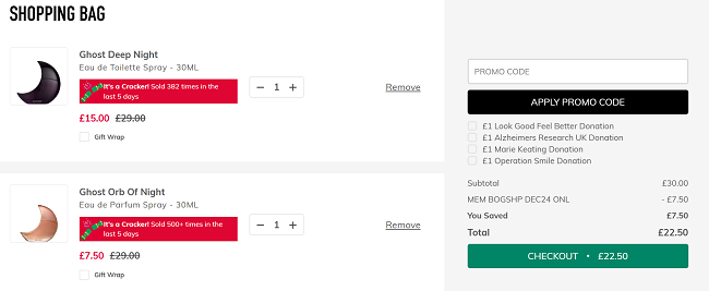 Screenshot showing Ghost Deep Night and Orb Of Night 30ml for £22.50 at The Perfume Shop