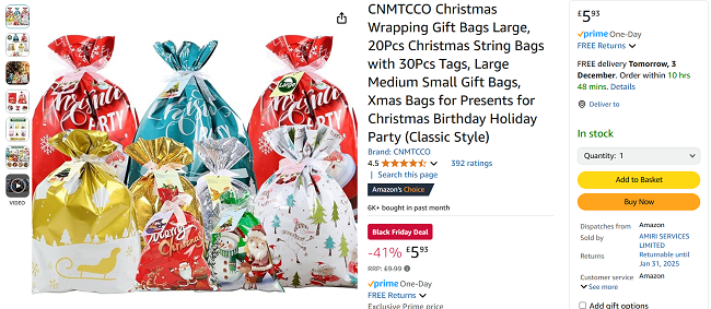 Screenshot showing Christmas Wrapping Gift Bags 20 Pack with Gift Tags for £5.93 at Amazon / Amiri Services Ltd