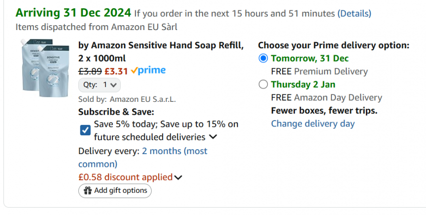 Screenshot showing by Amazon Hand Soap Refill, 2 x 1000ml for £3.31 at Amazon
