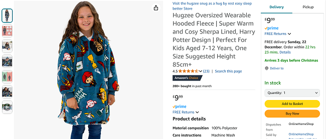 Screenshot showing Kids Harry Potter Hoodie Blanket for £9.99 delivered at Amazon / Online Home Shop