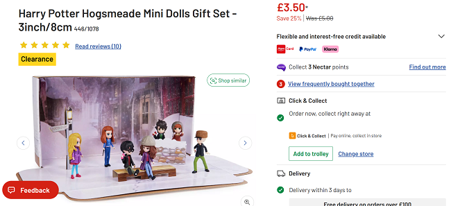 Screenshot showing Harry Potter Hogsmeade Mini Dolls Gift Set for £3.50 at Argos