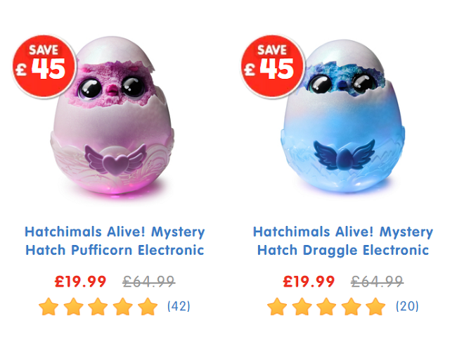 Screenshot showing Hatchimals Alive! Mystery Hatch Pufficorn or Draggle Electronic Pet for £19.99 at The Entertainer