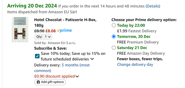 Screenshot showing Hotel Chocolat Patisserie H-Box for £8.08 at Amazon