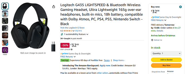 Screenshot showing Logitech G435 Lightspeed & Bluetooth Wireless Gaming Headset for £32.99 at Amazon