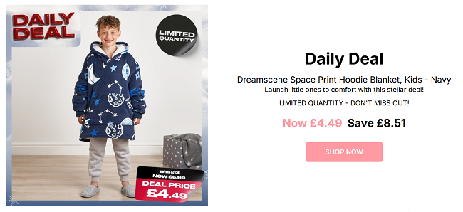 Screenshot showing Dreamscene Kids Space Print Hoodie Blanket for £4.49 at Online Home Shop