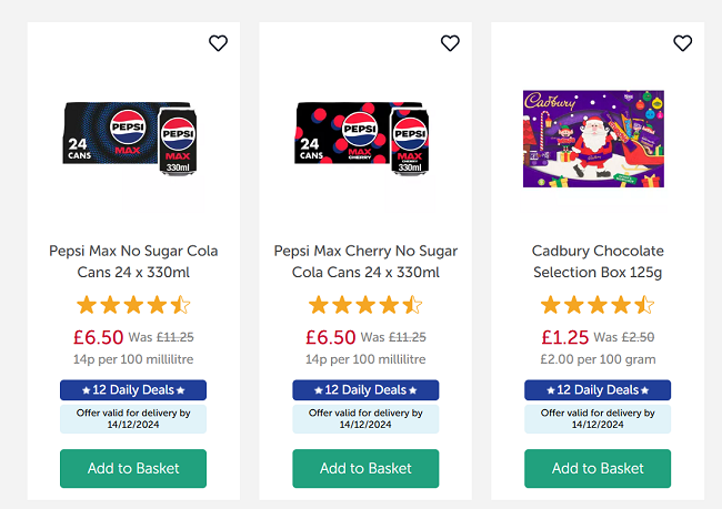 Screenshot showing Pepsi Max or Pepsi Max Cherry 24 x 330ml Cans for £6.50 and Cadbury Selection Box for £1.25 at Iceland