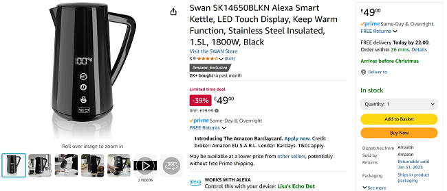 Screenshot showing Swan SK14650BLKN Alexa Smart Kettle for £49 at Amazon