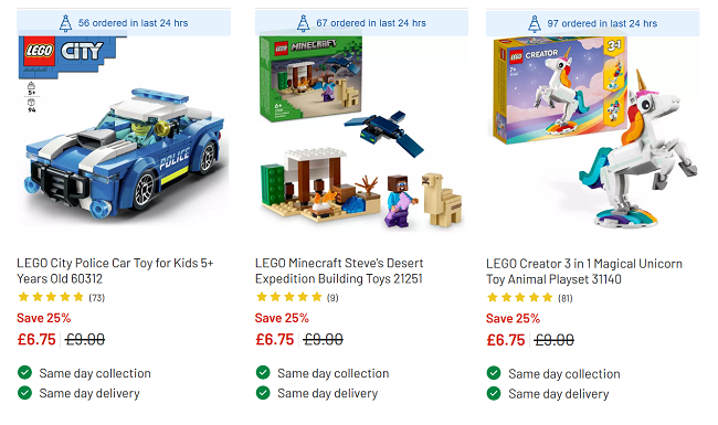 Screenshot showing reduced LEGO at Argos