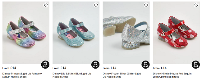 Screenshot showing Disney Light Up Heeled Shoes from £14 at Asda George