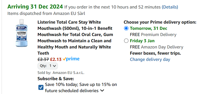 Screenshot showing Listerine Total Care Stay White Mouthwash 500ml for £2.13 at Amazon