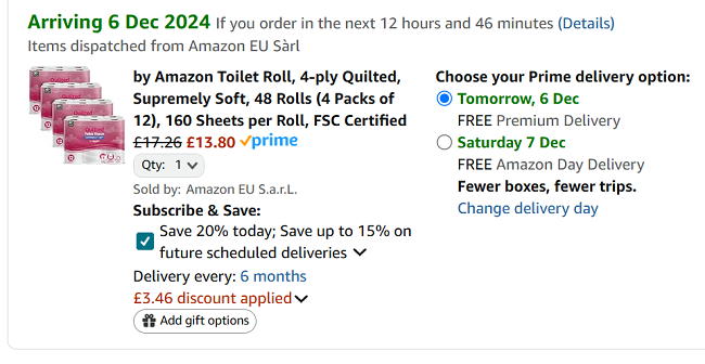 Screenshot showing by Amazon Toilet Roll 4-ply Quilted 48 Rolls (4 Packs of 12) for £13.80 at Amazon