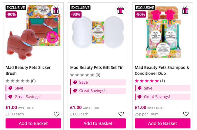 Screenshot showing Mad Beauty Pets Gift Sets for £1 each at Superdrug