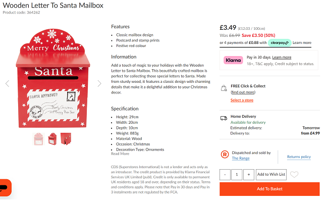 Screenshot showing Wooden Letter To Santa Mailbox for £3.49 at The Range