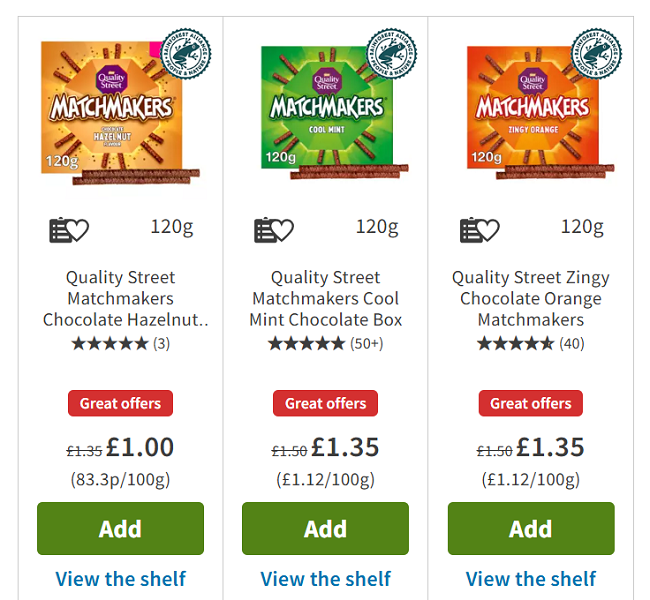 Screenshot showing Quality Street Matchmakers Chocolate Hazelnut Flavour 120g for £1 at Asda