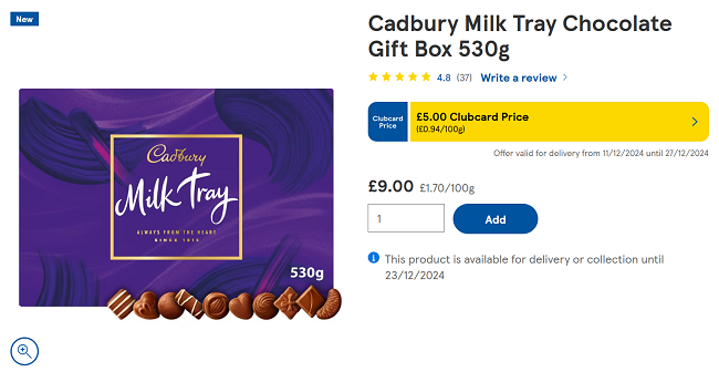 Screenshot showing Cadbury Milk Tray Chocolate Gift Box 530g for £5 Clubcard Price at Tesco