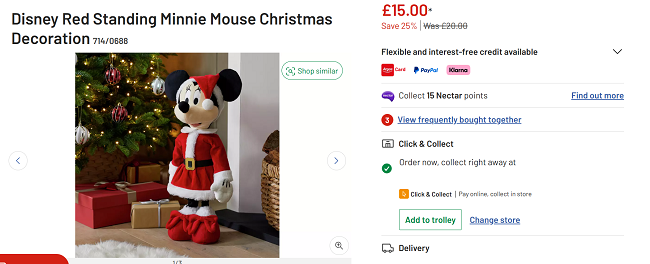 Screenshot showing Disney Red Standing Minnie Mouse Christmas Decoration for £15 at Argos