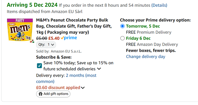 Screenshot showing M&M's Peanut Party Bulk Bag 1kg for £5.40 at Amazon