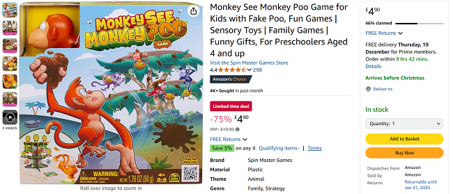 Screenshot showing Monkey See Monkey Poo Game for £4.90 at Amazon