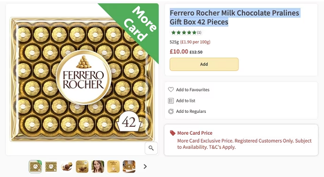 Screenshot showing Ferrero Rocher Milk Chocolate Pralines Gift Box 42 Pieces £10 with More Card at Morrisons