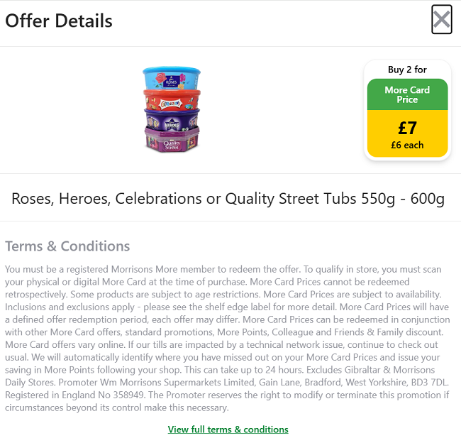 Screenshot showing 2 for £7 offer on Christmas Chocolate Sharing Tubs with More Card at Morrisons
