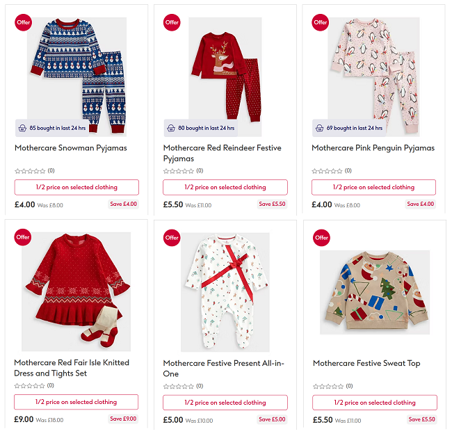 Screenshot showing Half Price Mothercare Clothing Sale at Boots
